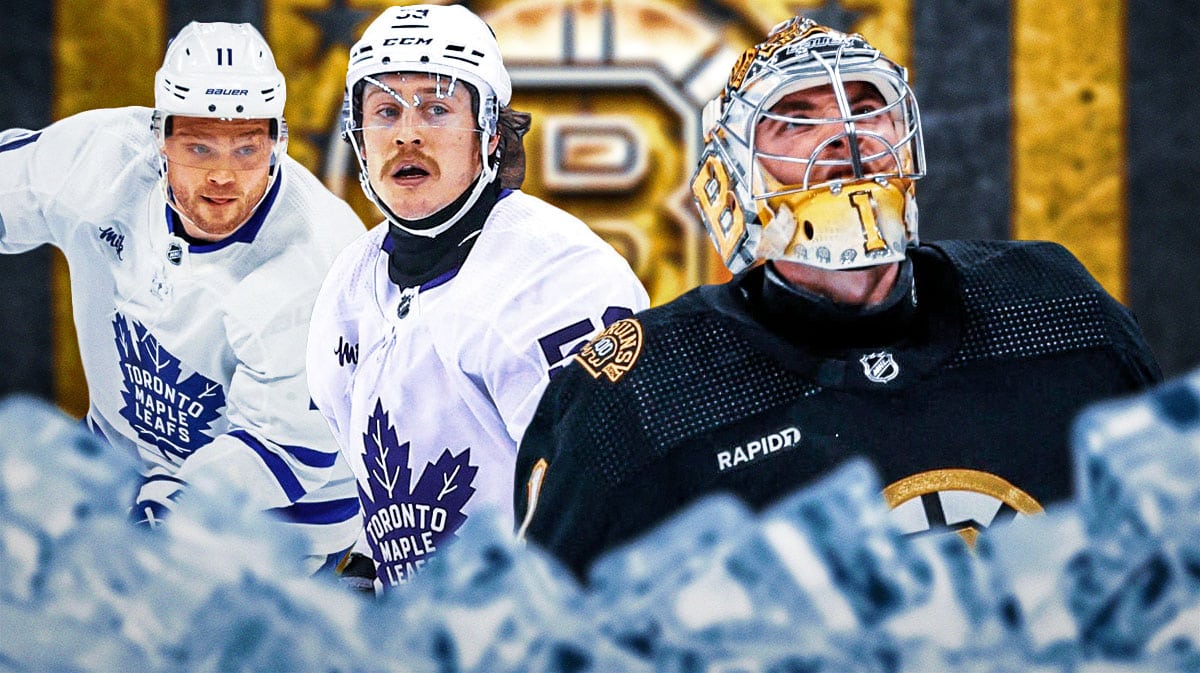 Jeremy Swayman in middle of image looking happy with fire around him, Tyler Bertuzzi and Max Domi on either side looking stern, BOS Bruins logo, hockey rink in background