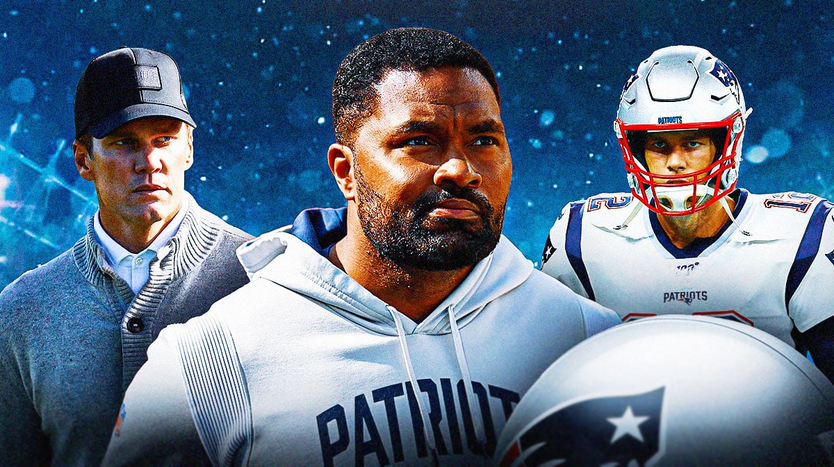 New England Patriots coach Jerod Mayo next to Tom Brady