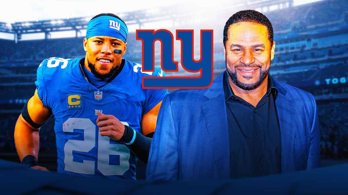 Ex-Steelers RB Jerome Bettis stands next to Giants' Saquon Barkley, Daniel Jones in background