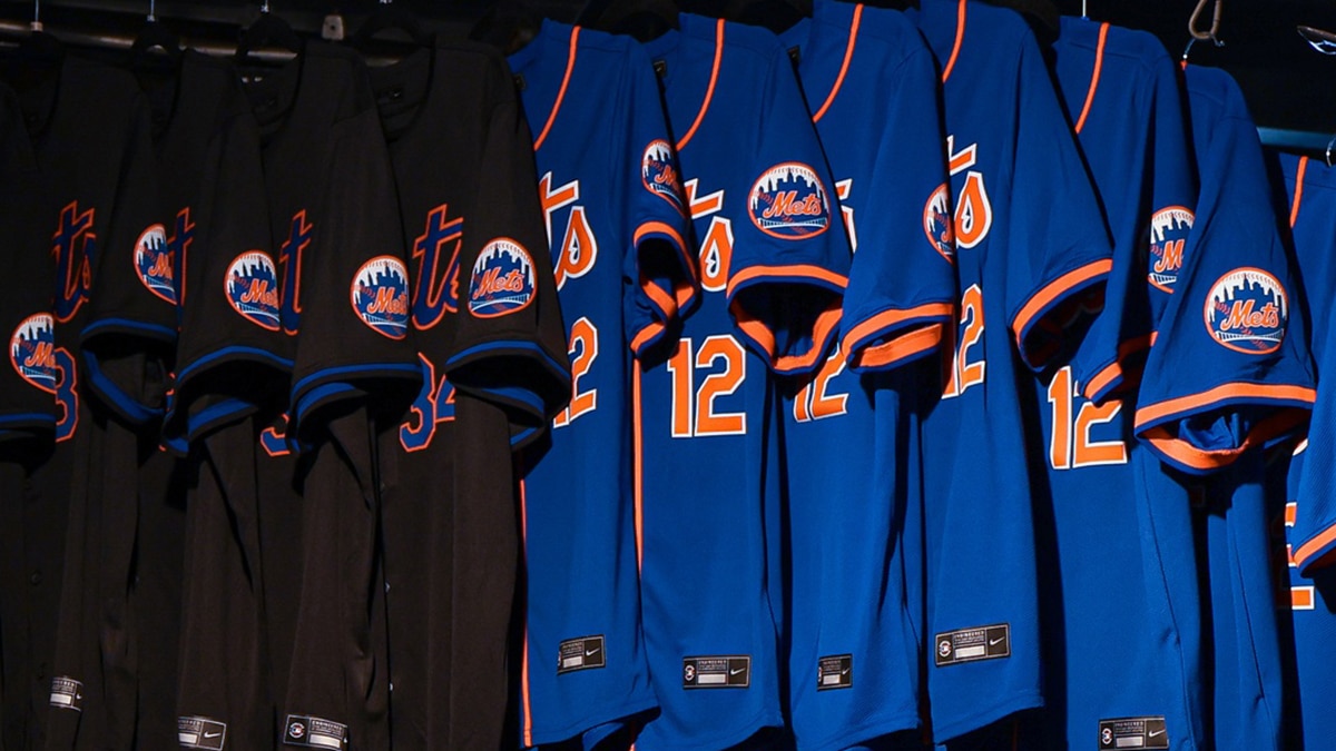 New York Mets uniforms are displayed before the opening day game against the Milwaukee Brewer at Citi Field