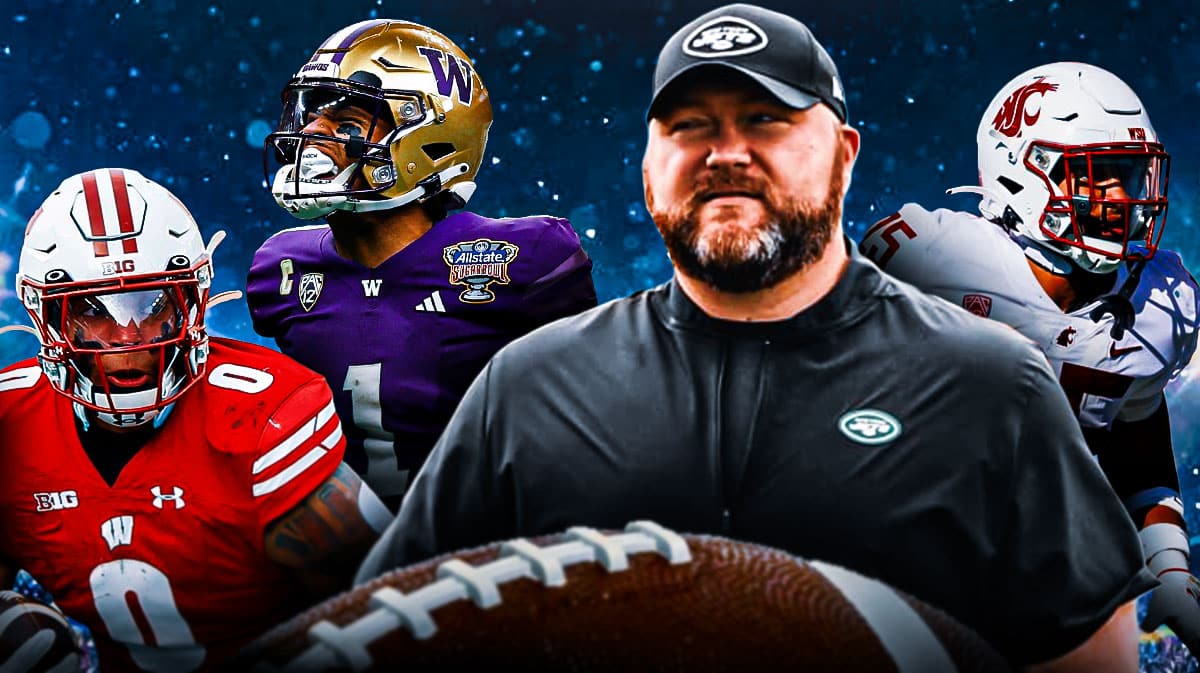 GM Joe Douglas in the middle - Rome Odunze, Jaden Hicks, Braelon Allen around him - New York Jets wallpaper in the background