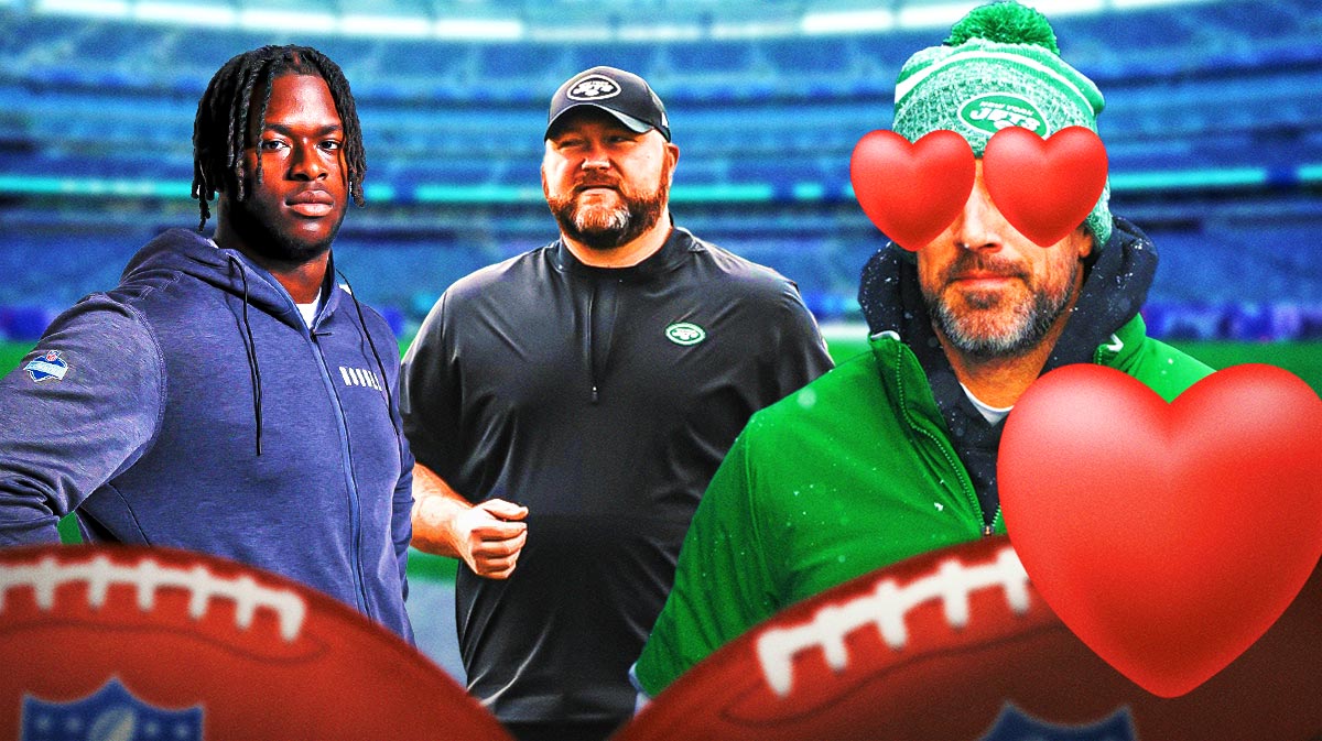 Jets Aaron Rodgers with hearts in his eyes looking at Joe Douglas and Olu Fashanu