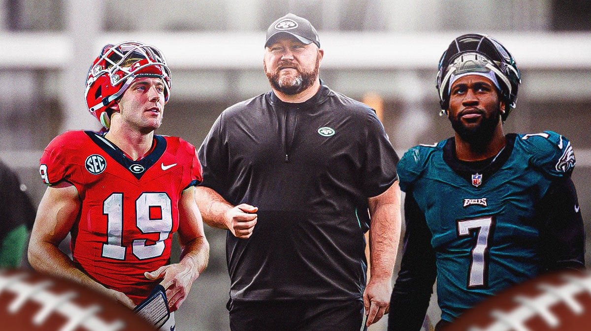 New York Jets general manager Joe Douglas standing between University of Georgia tight end Brock Bowers and former Philadelphia Eagles edge defender Haason Reddick