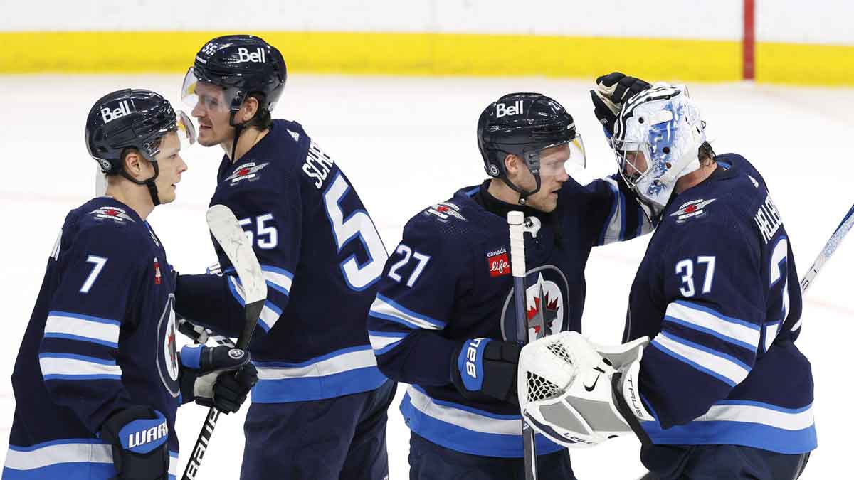 Winnipeg Jets celebrate their victory over the Colorado Avalanche at Canada Life Centre.
