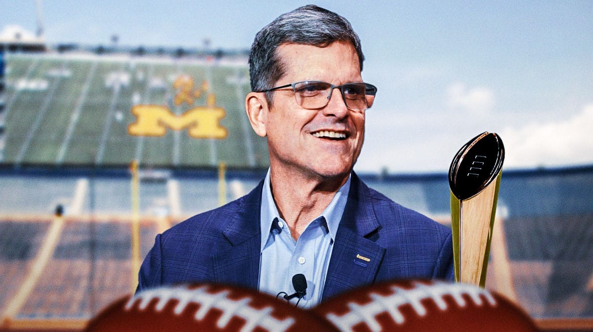 Michigan football, Wolverines, Jim Harbaugh, Michigan national championship, Jim Harbaugh tattoo, Jim Harbaugh with national championship trophy, Michigan football stadium in the background