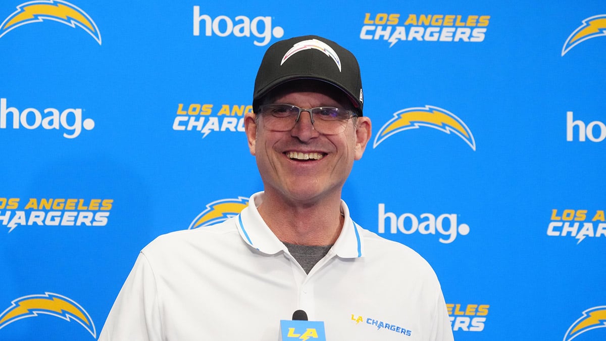 Los Angeles Chargers coach Jim Harbaugh speaks at press conference at Hoag Performance Center