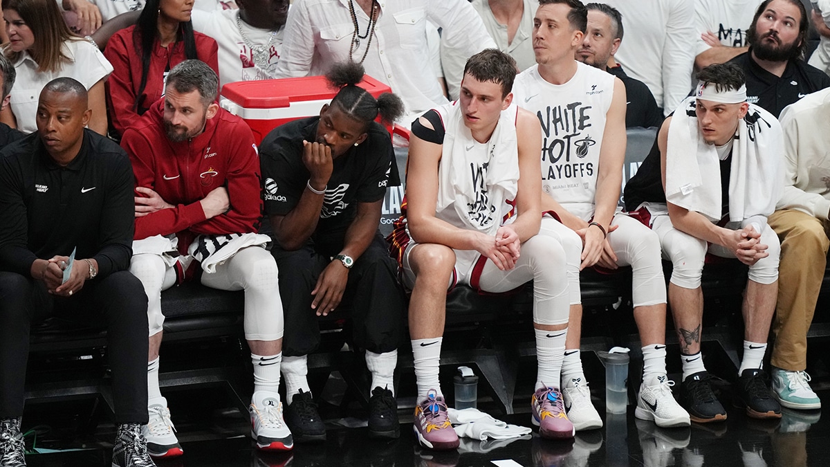 The Miami Heat bench looks on in the second half against the Boston Celtics during game three of the first round for the 2024 NBA playoffs at Kaseya Center. 