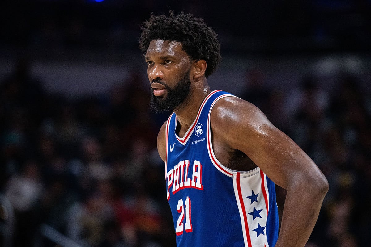 Philadelphia 76ers center Joel Embiid (21) looks on in the first half against the Indiana Pacers at Gainbridge Fieldhouse.