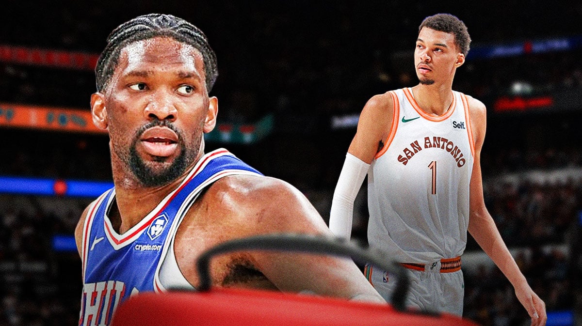 Joel Embiid on one side with an injury kit in front of him, Victor Wembanyama on the other side with the big eyes emoji over his face