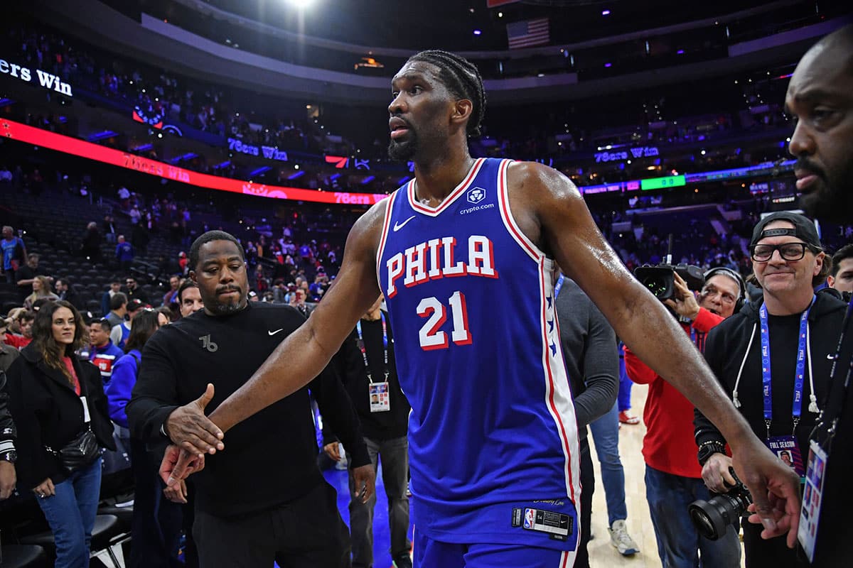 Philadelphia 76ers center Joel Embiid (21) walks off the court after win against the Oklahoma City Thunder at Wells Fargo Center.