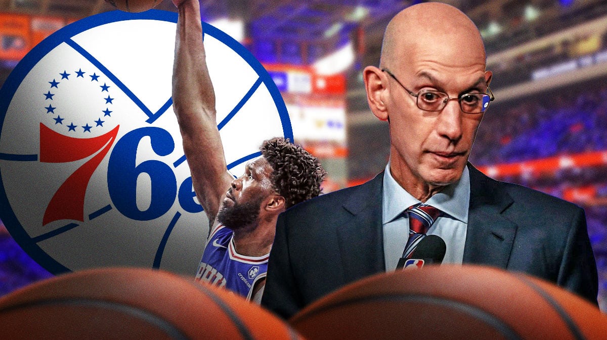 Joel Embiid dunking a basketball on left. 76ers' logo in background. NBA commissioner Adam Silver on right looking serious.
