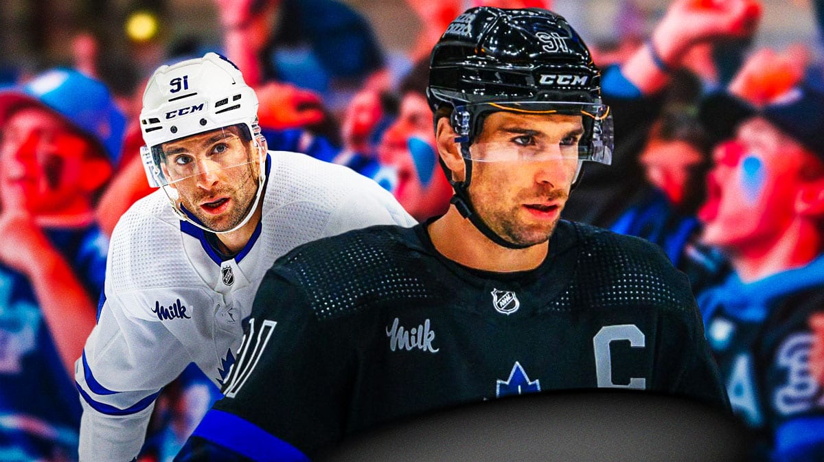 Maple Leafs' forward John Tavares, with fans screaming at him from the background.