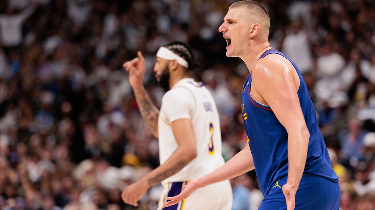 Denver Nuggets center Nikola Jokic (15) reacts during the third quarter against the Los Angeles Lakers in game one of the first round for the 2024 NBA playoffs at Ball Arena