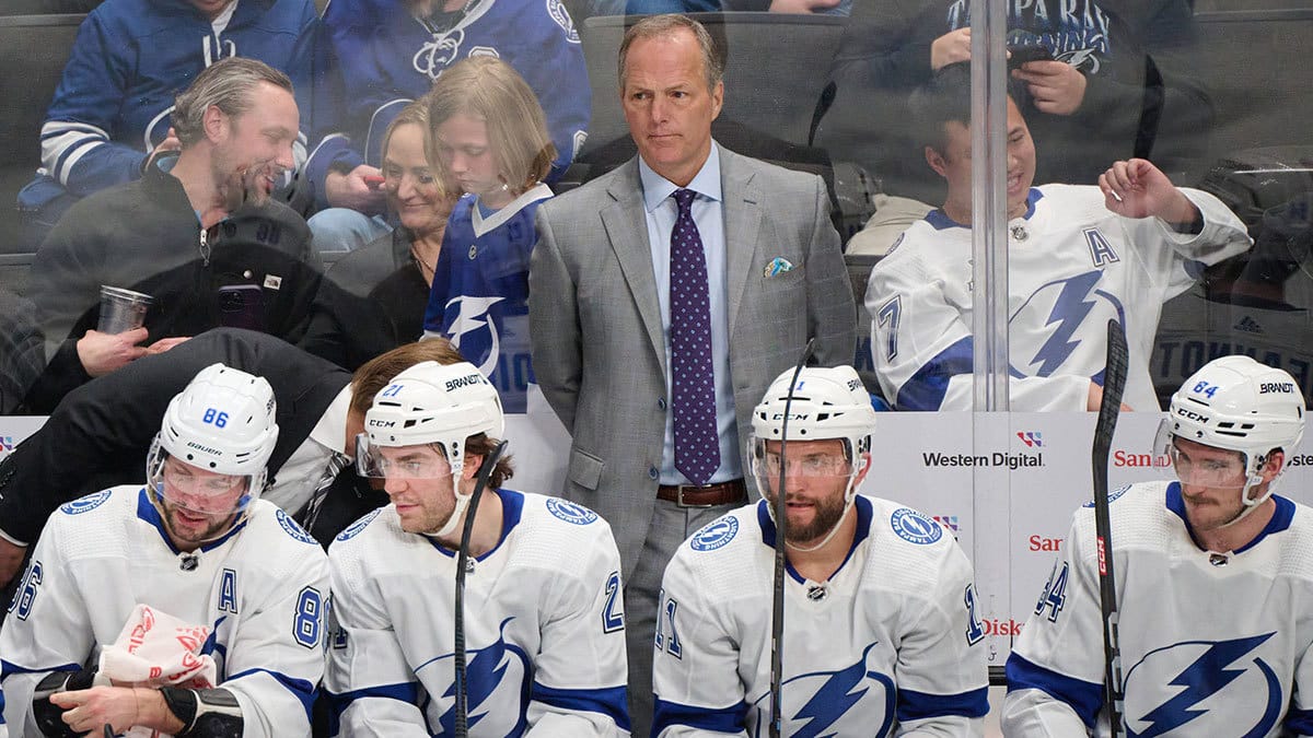Tampa Bay Lightning head coach Jon Cooper watches game play against the San Jose Sharks during the third period at SAP Center at San Jose.