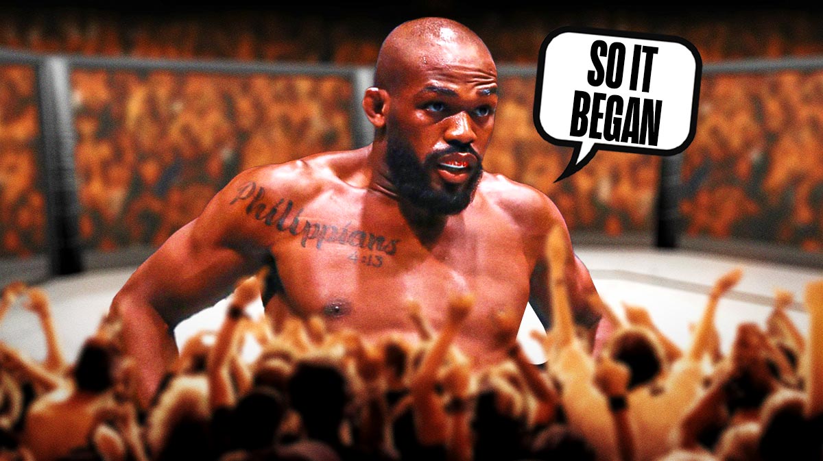 Jon Jones saying: 'So it began' in front of the UFC cage