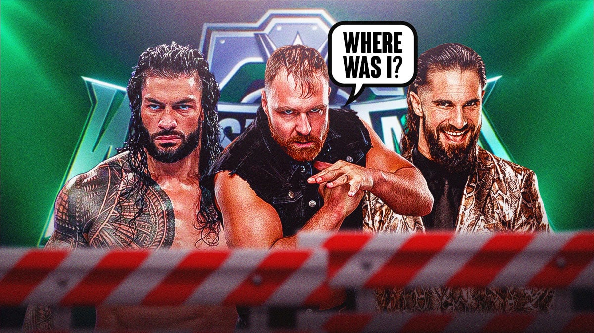 Jon Moxley, Roman Reigns, and Seth Rollins in front of the WrestleMania 40 logo.