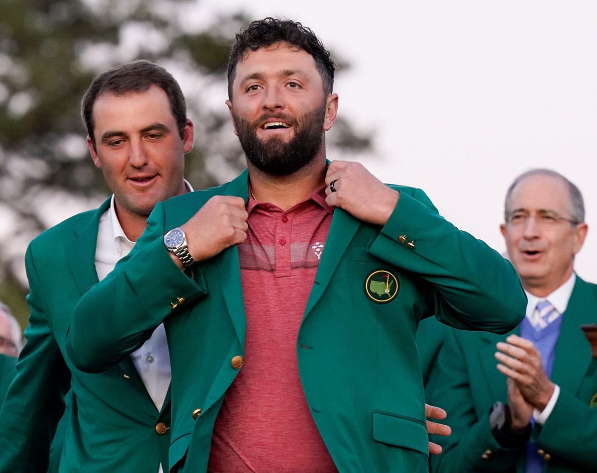 Jon Rahm in the green jacket after winning the Masters in 2023