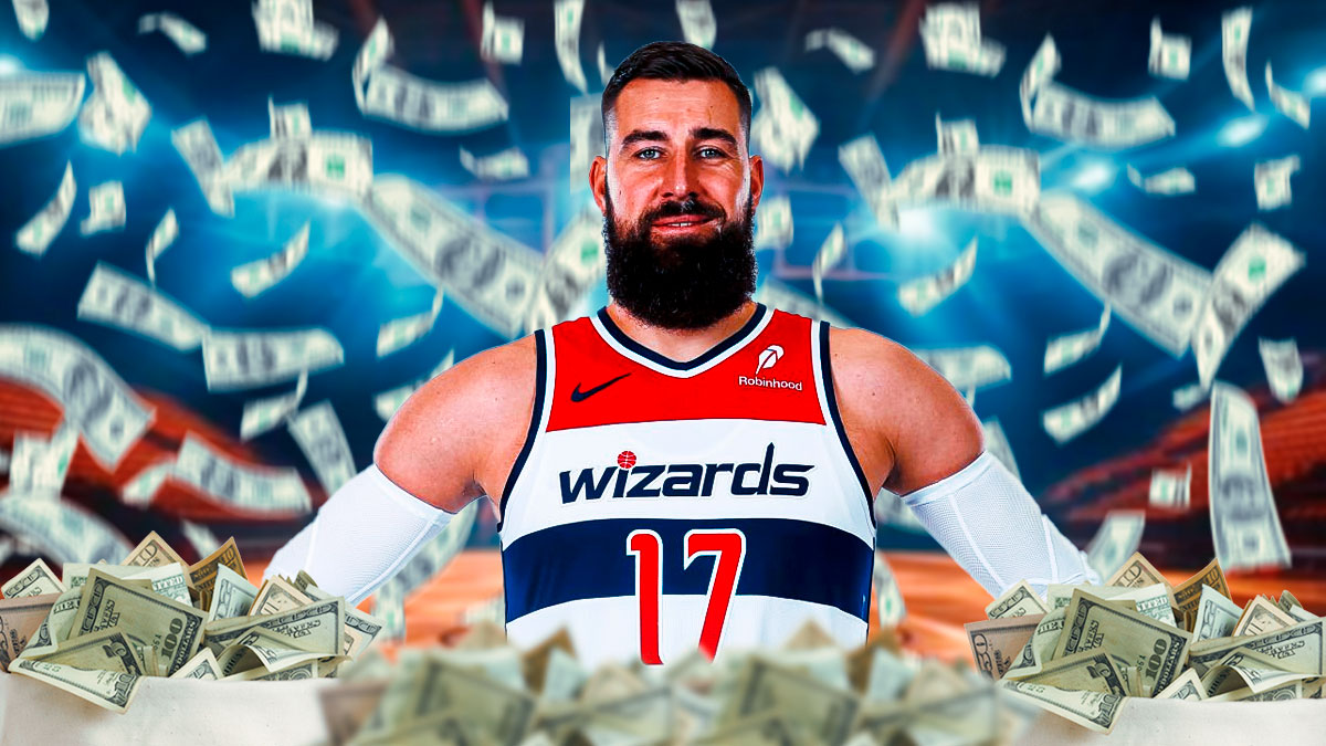 Jonas Valanciunas surrounded by piles of cash.