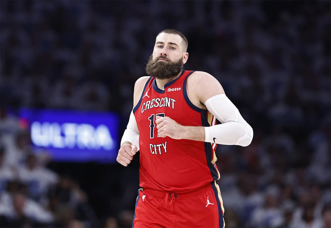 New Orleans Pelicans center Jonas Valanciunas (17) runs down the court after scoring against the Oklahoma City Thunder during the second half of game two of the first round for the 2024 NBA playoffs at Paycom Center.