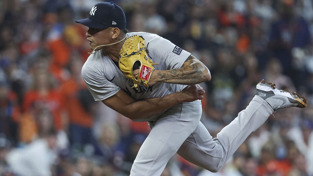 New York Yankees relief pitcher Jonathan Loaisiga (43) during the sixth inning against the Houston Astros at Minute Maid Park. 
