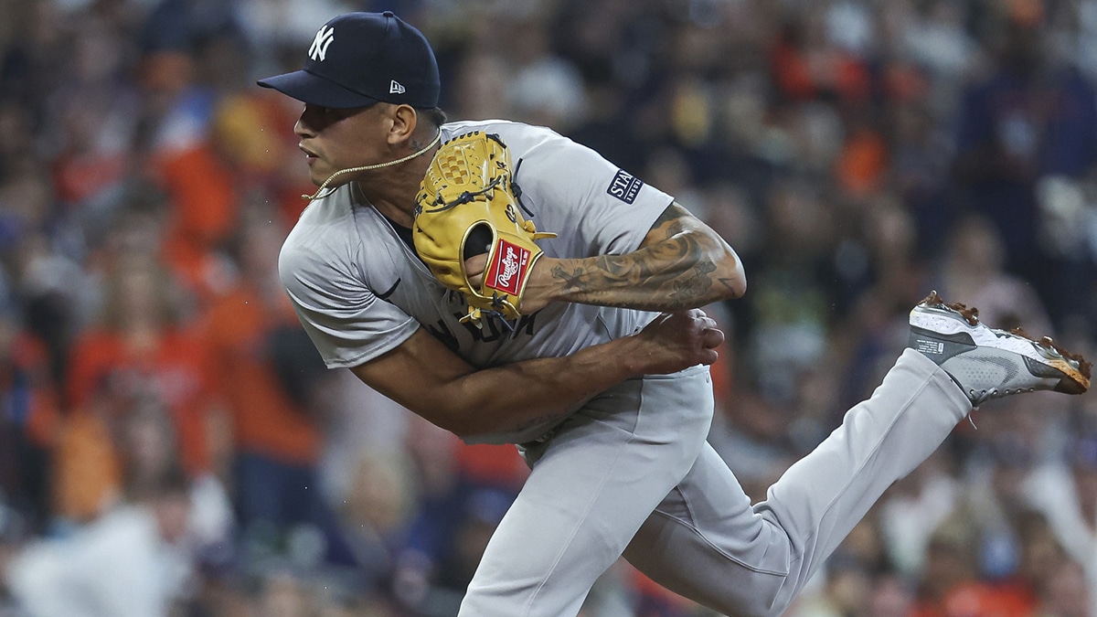 New York Yankees relief pitcher Jonathan Loaisiga (43) during the sixth inning against the Houston Astros at Minute Maid Park.