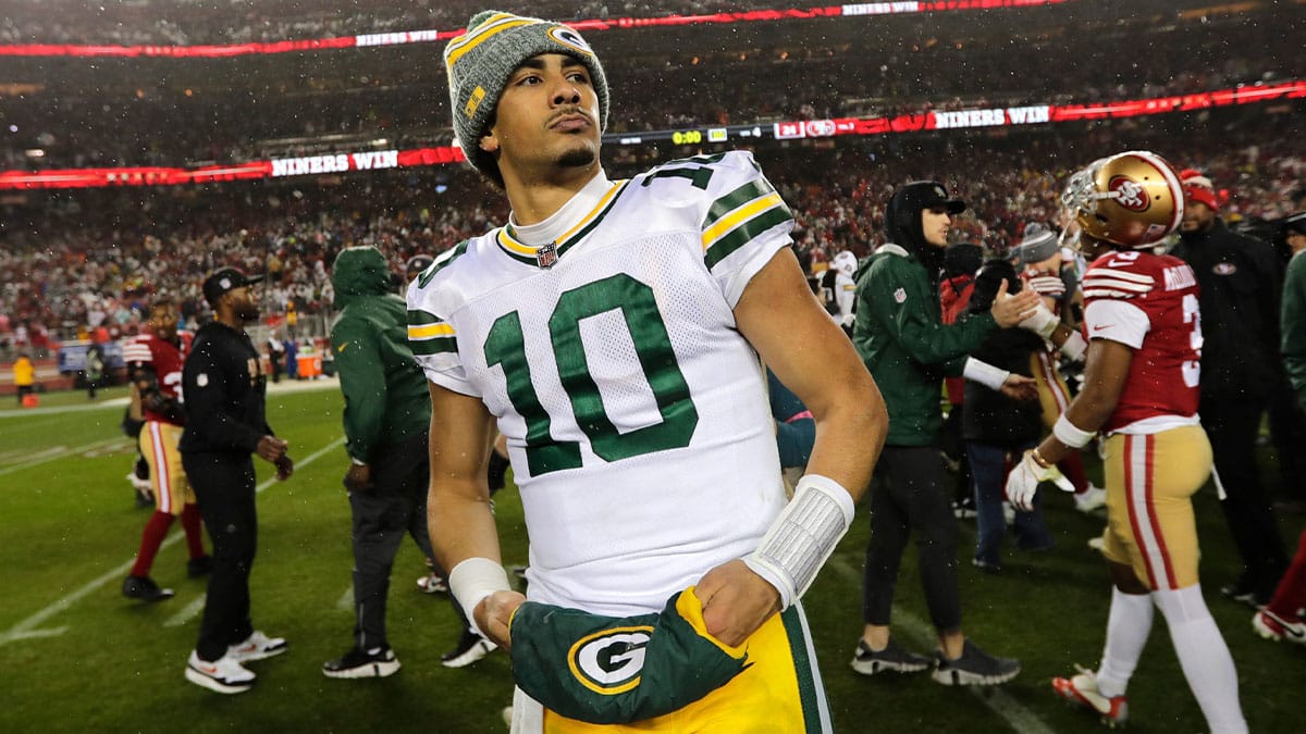 Green Bay Packers quarterback Jordan Love (10) leaves the field after losing to the San Francisco 49ers during their NFC divisional playoff football game 