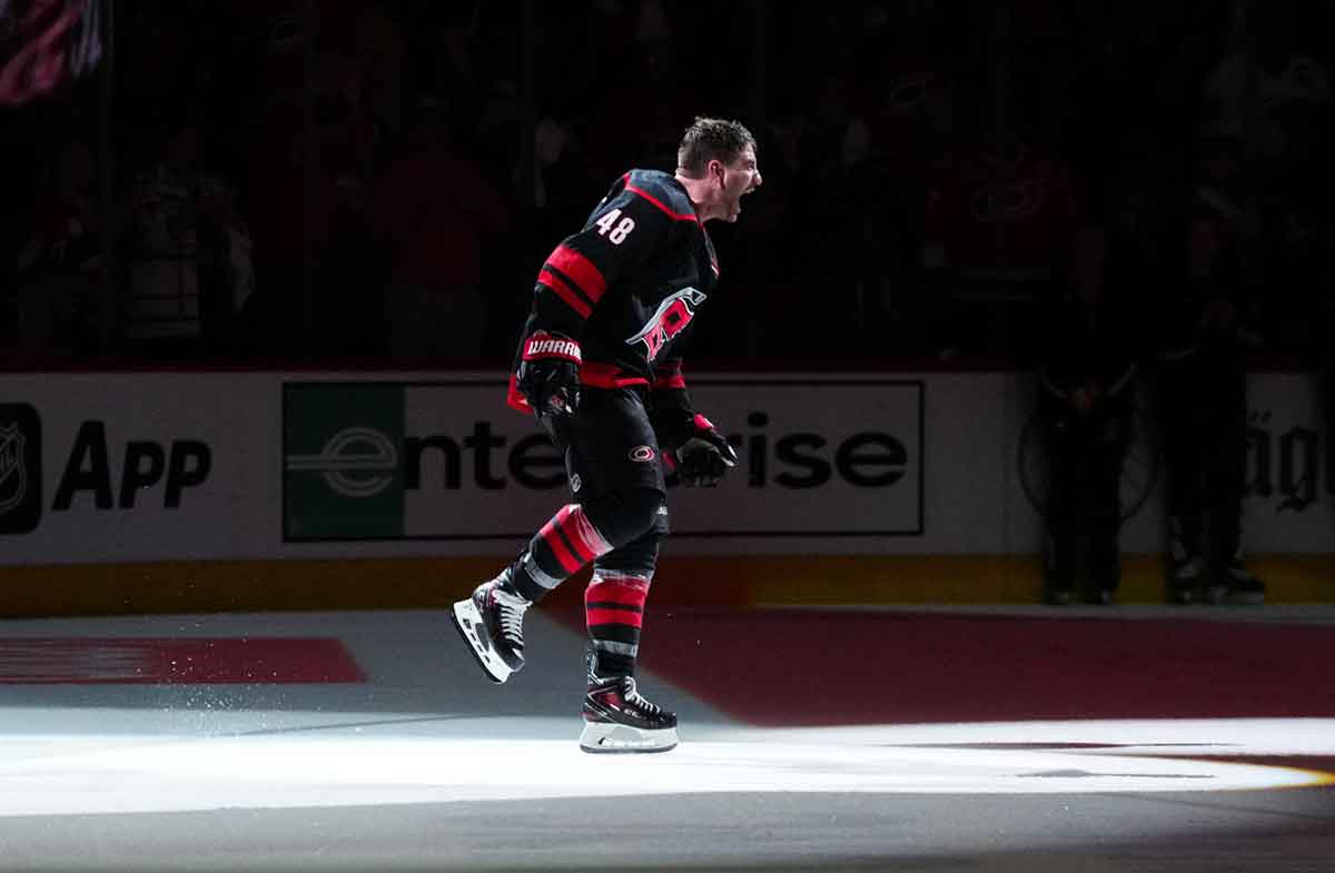 Carolina Hurricanes left wing Jordan Martinook (48) celebrates their victory against the New York Islanders after game two of the first round of the 2024 Stanley Cup Playoffs at PNC Arena.