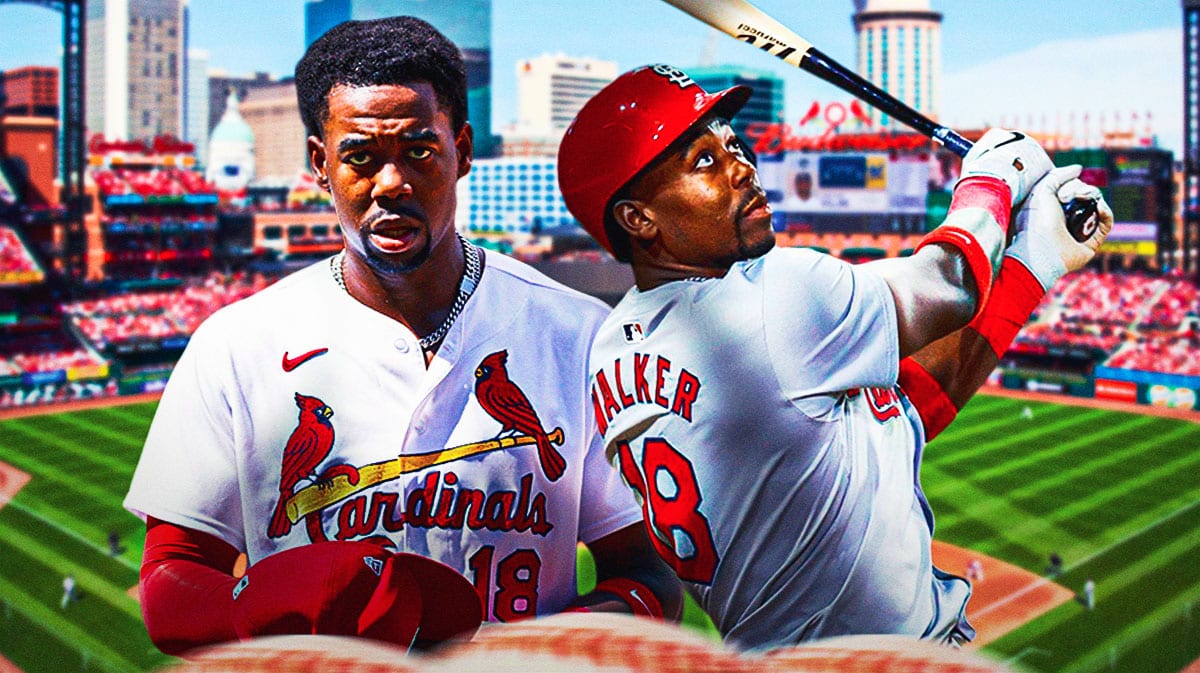 Cardinals Jordan Walker next to Jordan Walker swinging a bat