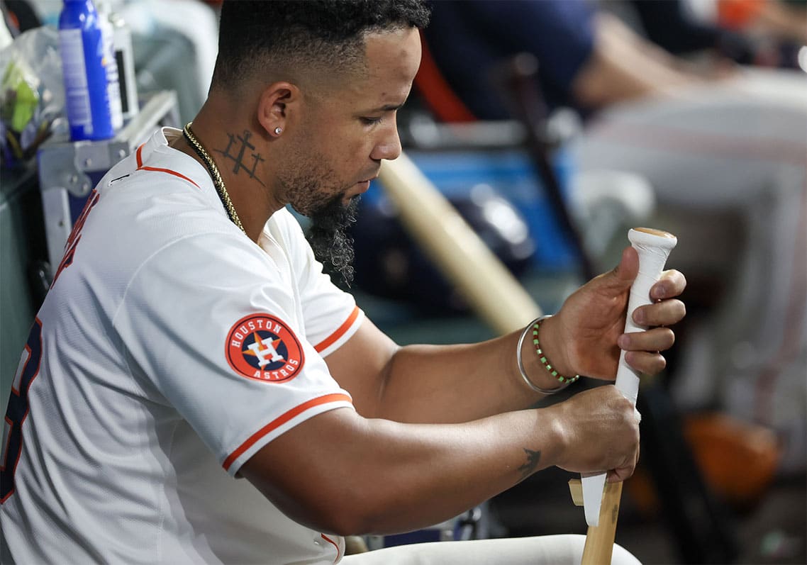 Houston Astros first baseman Jose Abreu (79) works on his bat in the dugout while the Astros bat against the Atlanta Braves in the fifth inning at Minute Maid Park.