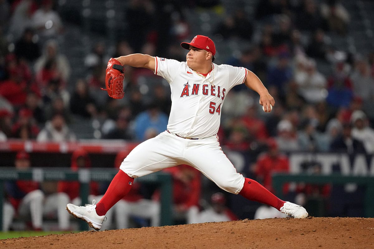 Los Angeles Angels pitcher Jose Suarez (54) throws in the ninth inning against the Baltimore Orioles at Angel Stadium.