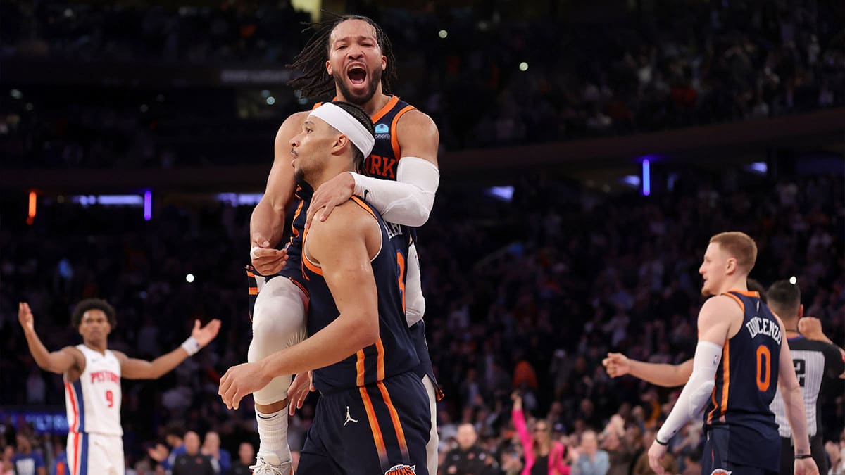 New York Knicks guard Jalen Brunson (11) celebrates with guard Josh Hart (3) during the fourth quarter against the Detroit Pistons at Madison Square Garden