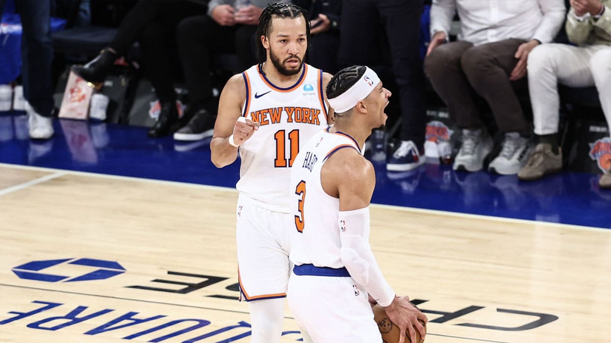 New York Knicks guard Josh Hart (3) celebrates with guard Jalen Brunson (11) in the fourth quarter against the Philadelphia 76ers in game one of the first round for the 2024 NBA playoffs at Madison Square Garden.