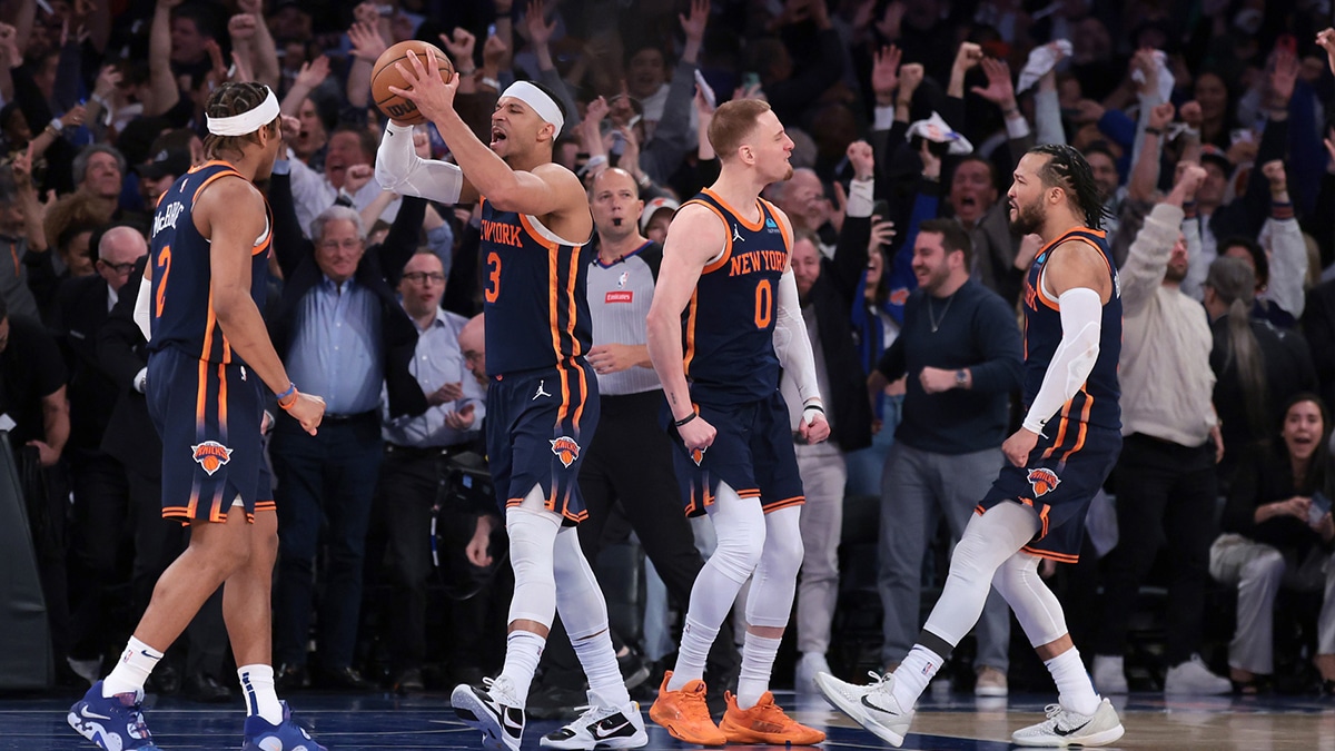 New York Knicks guard Josh Hart (3) celebrates with teammates after being fouled during the fourth quarter during game two of the first round for the 2024 NBA playoffs against the Philadelphia 76ers at Madison Square Garden