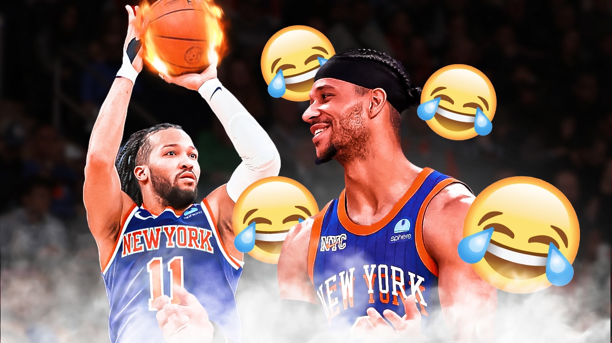 Jalen Brunson shooting a basketball with flames coming off of it. Josh Hart laughing with cry laughing emojis around him