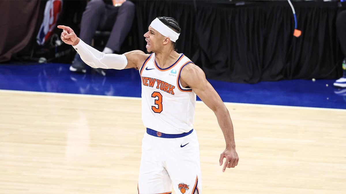 New York Knicks guard Josh Hart (3) celebrates after making a three-point shot in the fourth quarter against the Philadelphia 76ers in game one of the first round for the 2024 NBA playoffs at Madison Square Garden