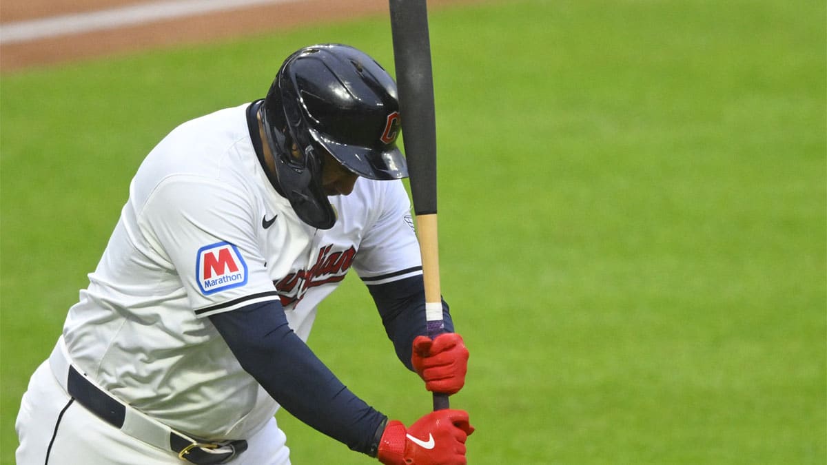 Cleveland Guardians designated hitter Josh Naylor (22) reacts after hitting a two-run home run in the fifth inning against the Oakland Athletics at Progressive Field.
