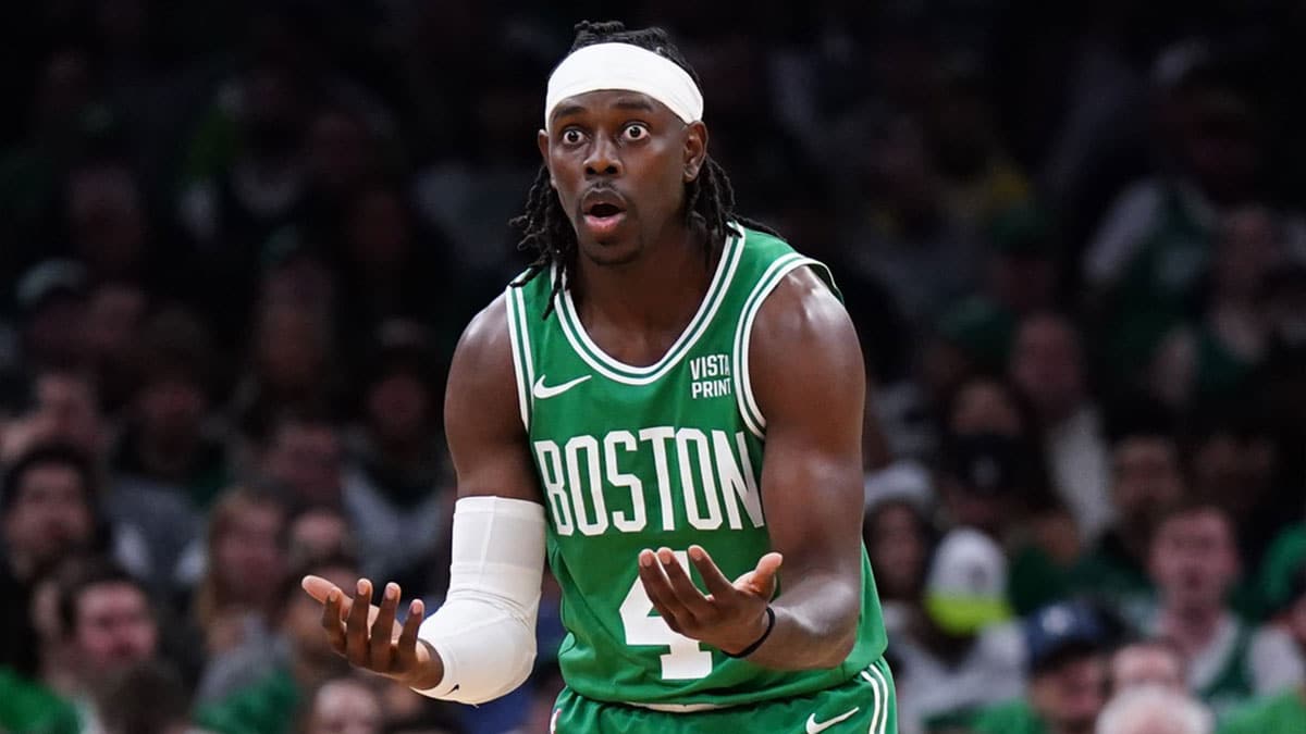 Boston Celtics guard Jrue Holiday (4) reacts to Heat foul call