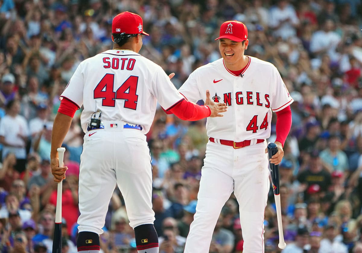 Washington Nationals right fielder Juan Soto greets Los Angeles Angels designated hitter/starting pitcher Shohei Ohtani during introductions in the 2021 MLB Home Run Derby.