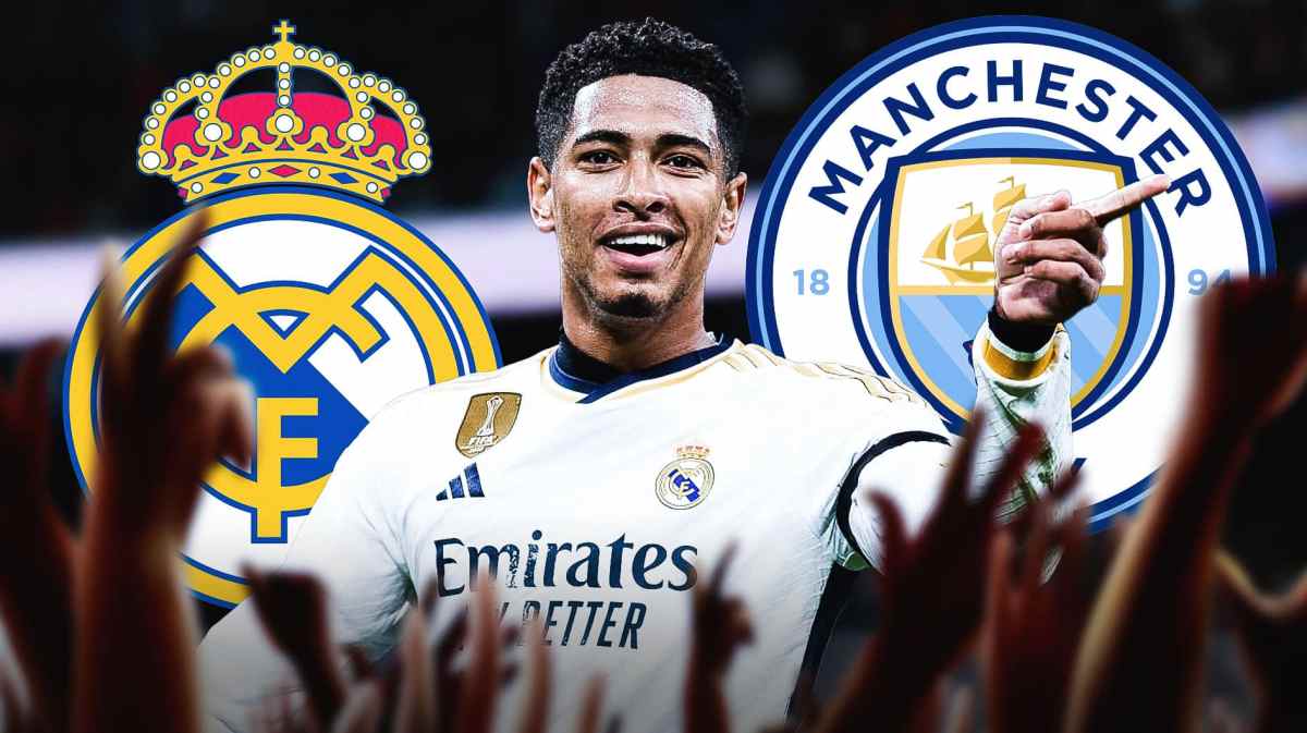 Jude Bellingham smiling in front of the Manchester City and Real Madrid logos