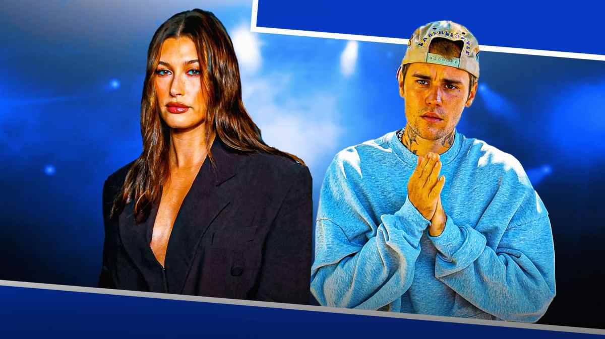Justin Bieber and Hailey Bieber with lights behind him