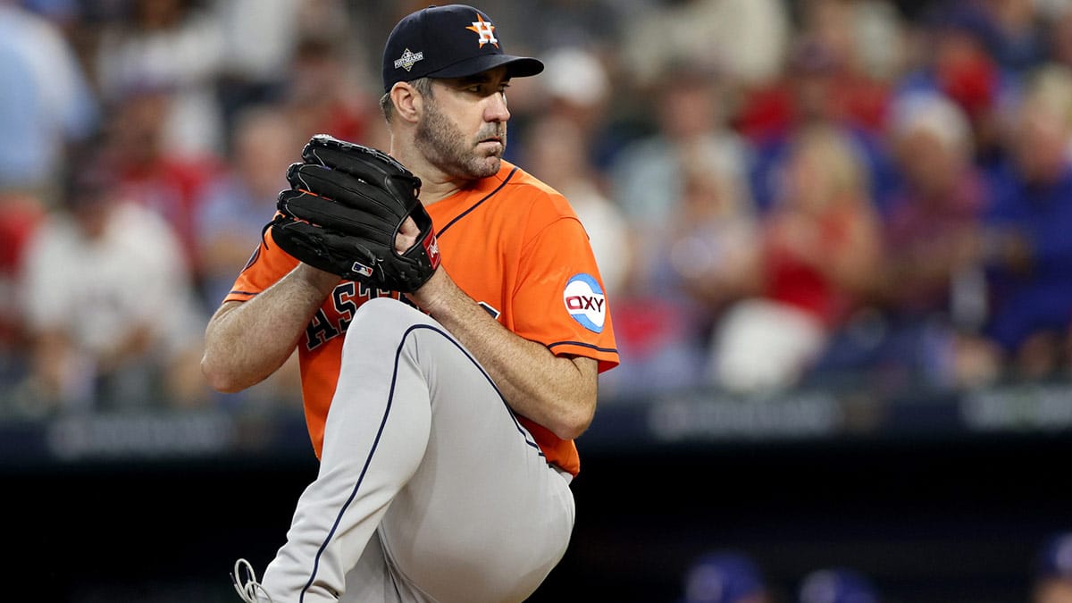 Houston Astros pitcher Justin Verlander (35) throws during the fifth inning of game five in the ALCS against the Texas Rangers for the 2023 MLB playoffs at Globe Life Field