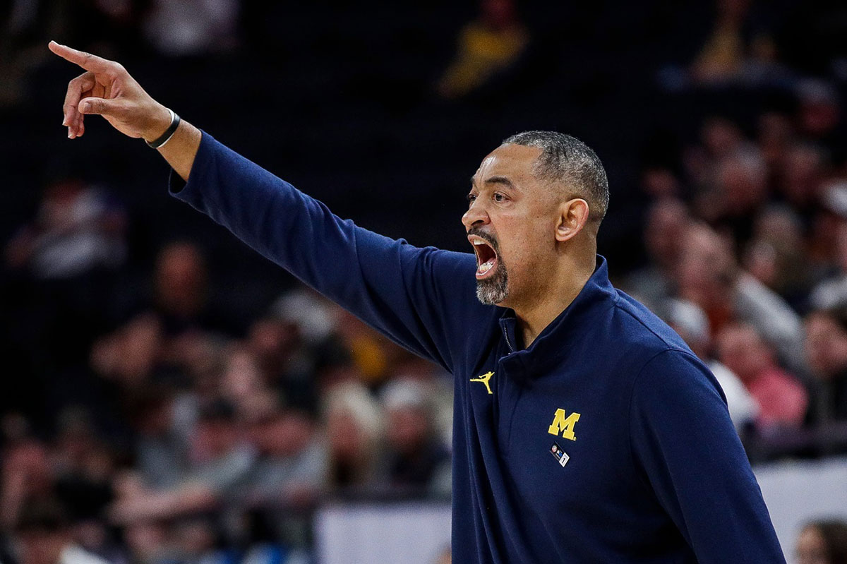Michigan head coach Juwan Howard reacts to a play against Penn State during the second half of the First Round of Big Ten tournament at Target Center in Minneapolis, Minn. on Wednesday, March 13, 2024.