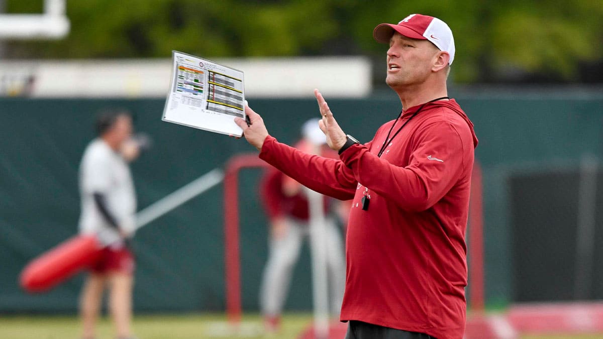 Alabama head coach Kalen DeBoer gives directions during practice at the University Alabama Thursday.