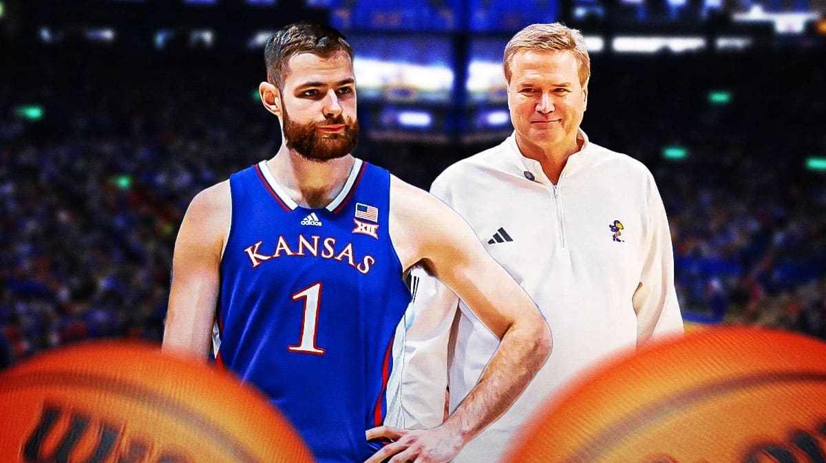 Hunter Dickinson, Hunter Dickinson Kansas, Bill Self, Kansas basketball, Jayhawks, Hunter Dickinson and Bill Self with Kansas basketball arena in the background