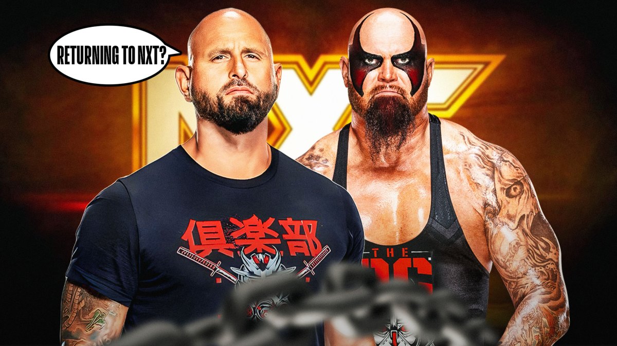 Karl Anderson with a text bubble reading "Returning to NXT?" next to Luke Gallows with the NXT logo as the background.