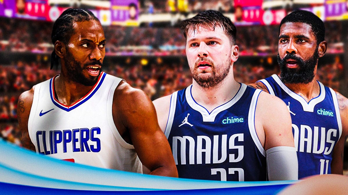 Clippers' Kawhi Leonard with Mavericks' Luka Doncic and Kyrie iRving