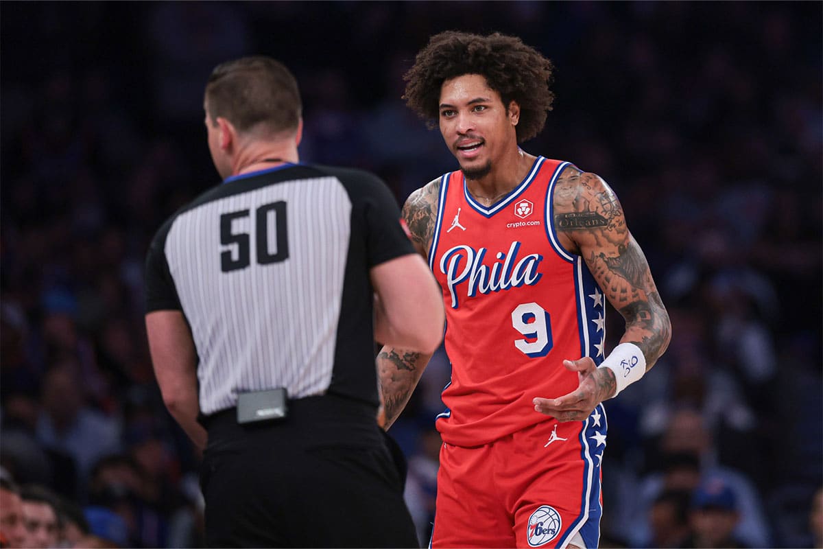 Philadelphia 76ers guard Kelly Oubre Jr. (9) reacts in front of referee Gediminas Petraitis (50) during the first half during game two of the first round for the 2024 NBA playoffs against the New York Knicks at Madison Square Garden. 