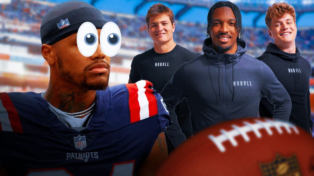Patriots Kendrick Bourne with eyes in his eyes looking at Jayden Daniels, Drake Maye and JJ McCarthy