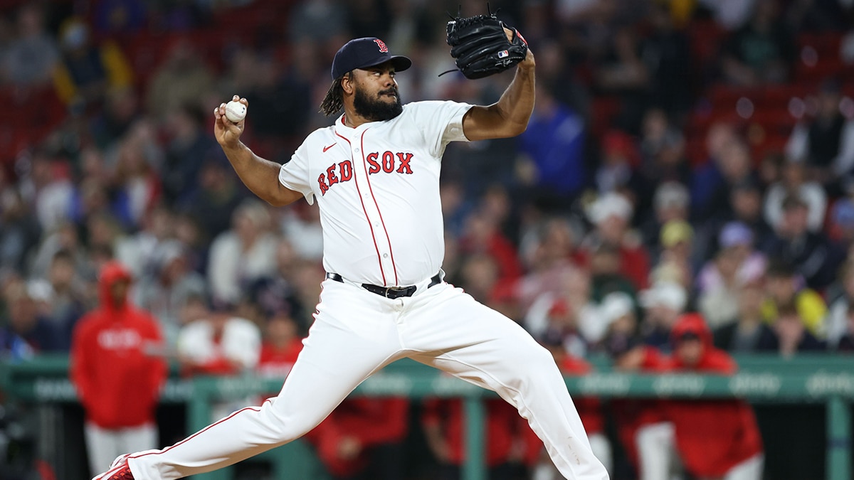 Boston Red Sox relief pitcher Kenley Jansen (74) delivers a pitch during the ninth inning against the Cleveland Guardians at Fenway Park. 