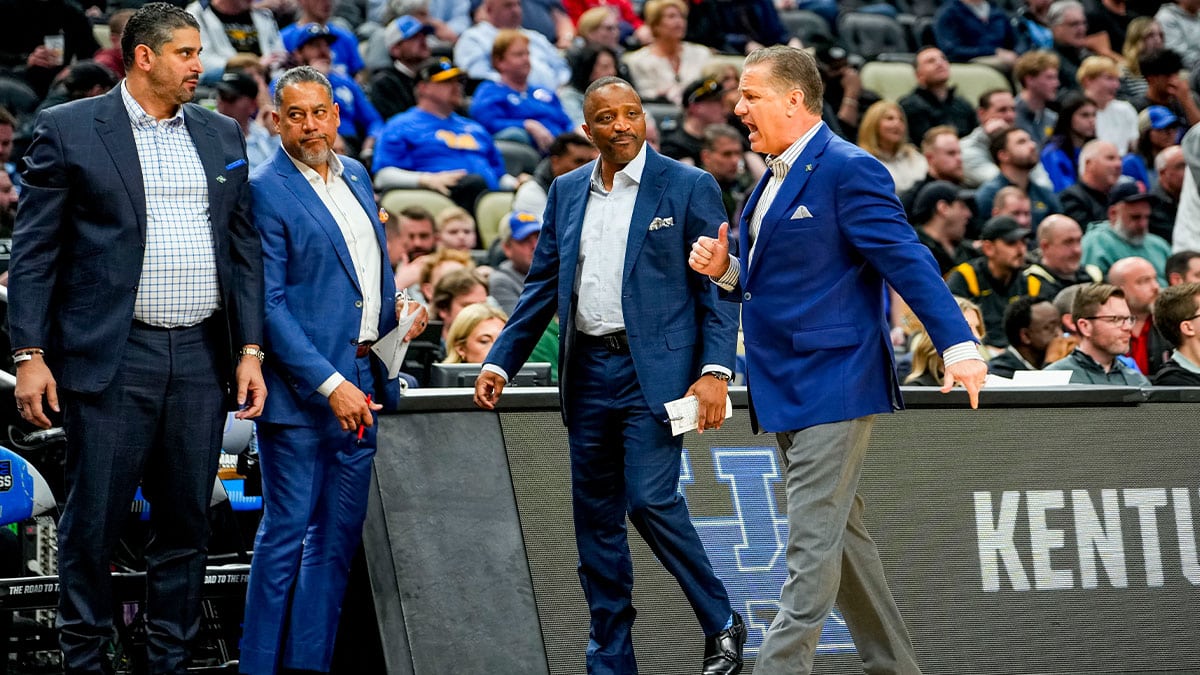 Mar 21, 2024; Pittsburgh, PA, USA; Kentucky Wildcats head coach John Calipari reacts to a play in the first round of the 2024 NCAA Tournament at PPG Paints Arena. Mandatory Credit: Gregory Fisher-USA TODAY Sports